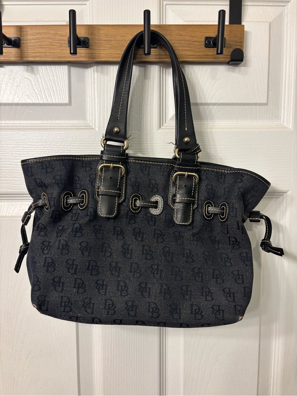Dooney & Bourke Navy Patterned Tote Bag with Buckle Accents